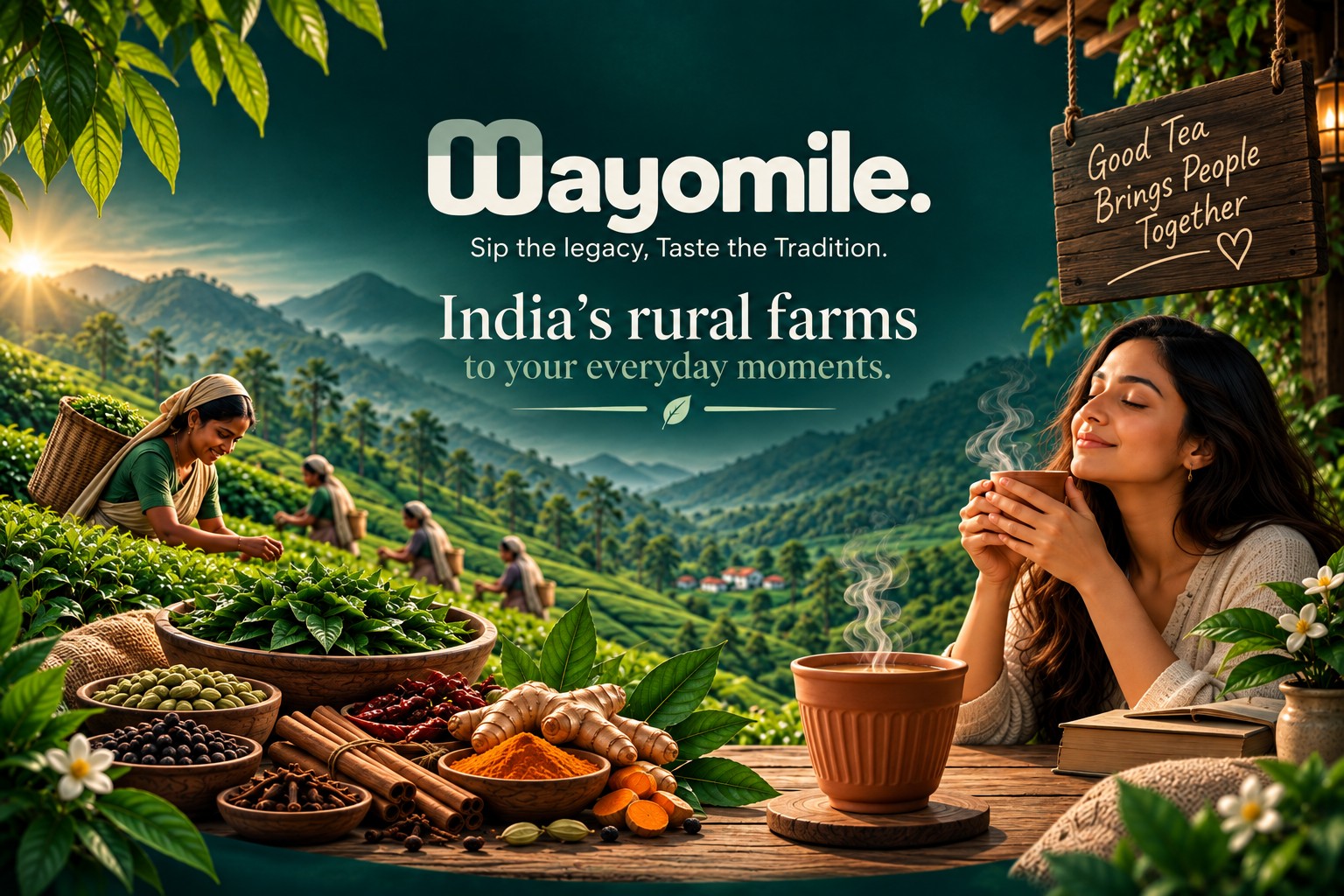 Wayomile: tea pickers on a rural Indian tea garden, whole spices, and a woman enjoying a cup of chai